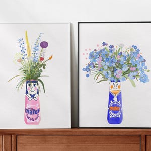 Set Of 2 mr and miss matey bubble bath bathroom Art prints with flowers, unframed