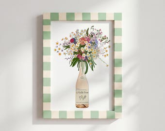 Chicken Wine Bottle Floral Art Print | Hand drawn | botanical Kitchen Illustration