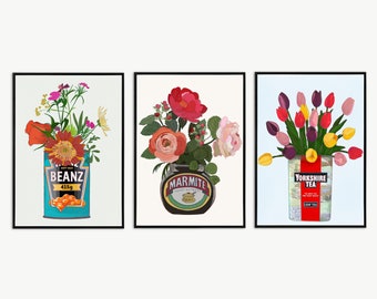 Set of 3 Retro Marmite Yorkshire Tea Heinz Beans Floral Art Print Set, kitchen Poster, Kitsch, Dopamine Decor, Food and Drink Vintage Quirky