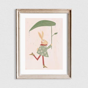 Lièvre/lapin avec parapluie en forme de feuilles pour chambre d'enfants/chambre d'enfants, impression d'art/poster sans cadre A5, A4, A3, lapin pour enfants, style vintage, jolis tons rétro rétro