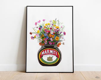 Marmite and Wildflowers Kitchen Art Print, Hand Drawn Quirky Cottage Decor