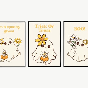 Juego de 3 carteles retro de fantasmas adorables, Halloween, sin marco, tamaño A5, A4, A3, kawaii, decoraciones, niños, decoración de fiesta peculiar, diversión moderna y divertida en Reino Unido