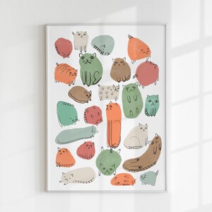 Póster/impresión artística de Grumpy Cats, sin marco, tamaño A5, A4, A3, estilo de mediados de siglo, divertido y colorido para sala de estar, cocina, dormitorio o habitación infantil, regalo en tonos tierra.