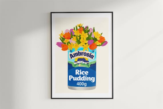 Rice Pudding Tin with Tulips and Daffodils Kitchen Art Print/Poster - Unframed A5 A4 A3, Cottage Garden Fun Colourful Vintage Food and Drink