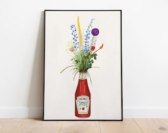 May include: A watercolour painting of a bouquet of flowers in a Heinz Tomato Ketchup bottle. The flowers are a mix of blue, purple, pink, and yellow.