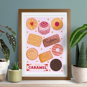 Impresión artística de cocina de galletas británicas, póster de comida colorido dibujado a mano