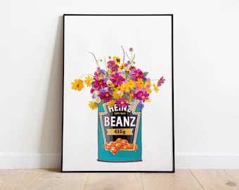 Beans Tin with Wild flowers Kitchen Art Print/Poster, 2 flower options, cottage garden Florals, Colourful Fun unique, Hand Drawn/Painted