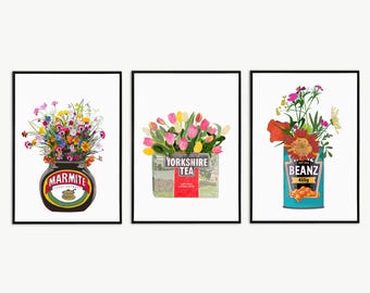 Puede incluir: Conjunto de tres láminas artísticas enmarcadas. Las láminas presentan arreglos florales coloridos en recipientes reutilizados: un tarro de Marmite, una caja de Yorkshire Tea y una lata de Beanz. El tarro de Marmite contiene una vibrante mezcla de flores silvestres. La caja de Yorkshire Tea muestra tulipanes rosas y amarillos.