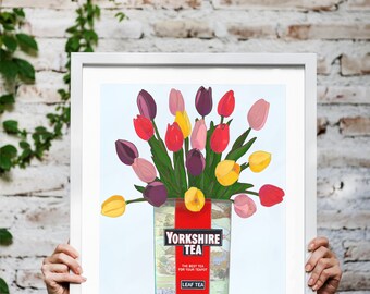 Yorkshire Tea Floral Art Print, Colourful, Vintage, Quirky, Dopamine Decor, Kitchen Poster, Painting, Pretty, Tulips, Fun Cottage Core Retro