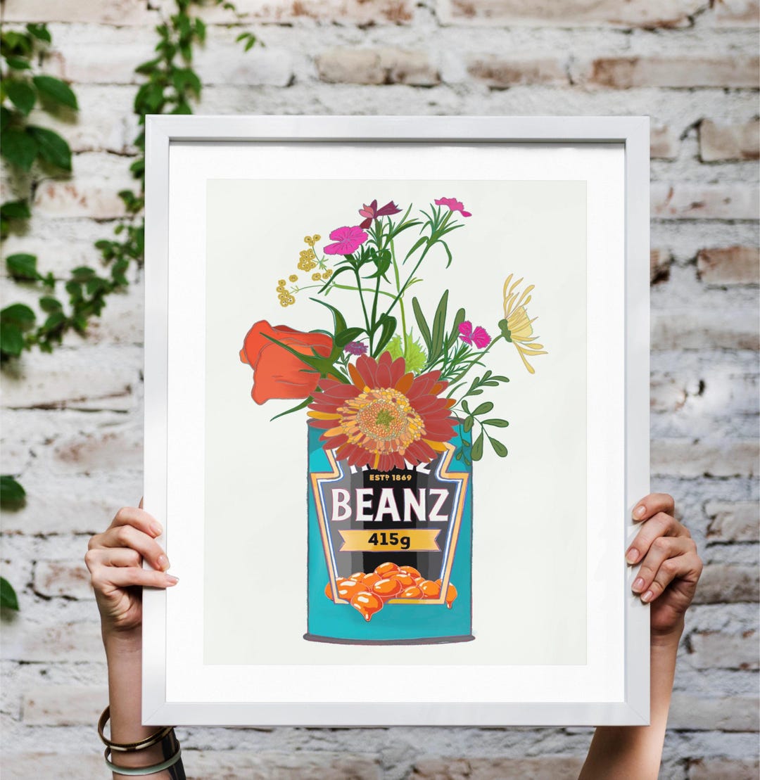 Retro Heinz Baked Beans Floral Art Print: Quirky Cottage Kitchen