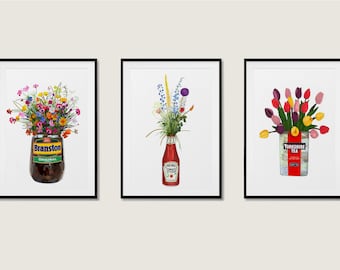 Yorkshire Tea, Branston Pickle, ketchup - Tulips Wildflowers and Cottage Garden Florals set of 3 kitchen Art Prints/Posters, Breakfast Gift