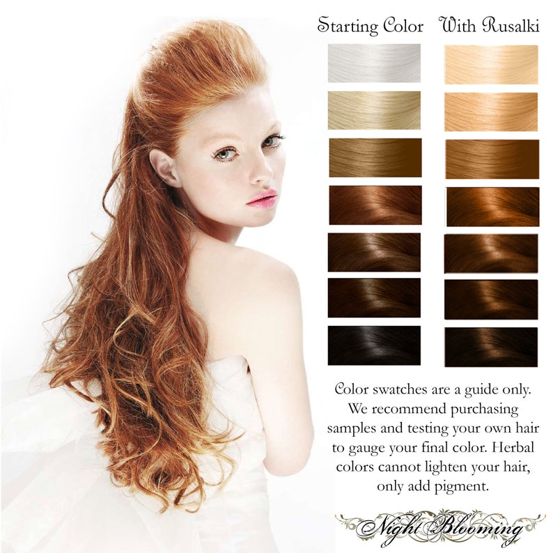 May include: A woman with long, wavy, auburn hair. A colour chart shows different shades of hair colour, labelled "Starting Colour" and "With Rusalki". The text below the chart reads: "Colour swatches are a guide only. We recommend purchasing samples and testing your own hair to gauge your final colour. Herbal colours cannot lighten your hair, only add pigment. Night Blooming."