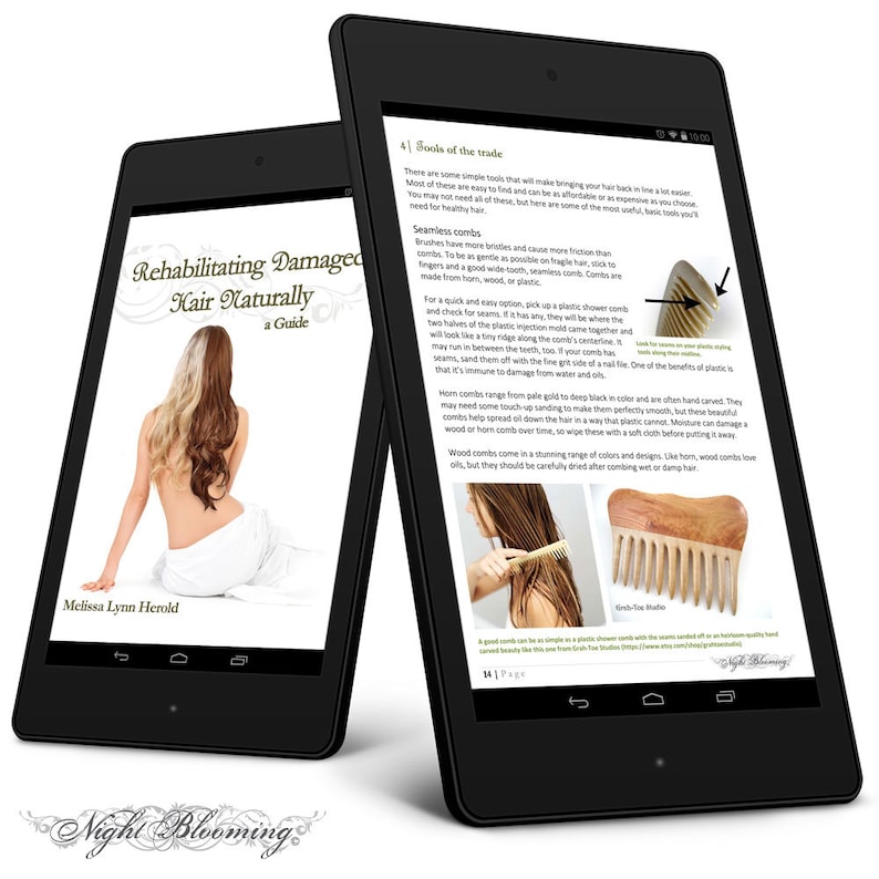 May include: Two tablet screens displaying a guide on how to rehabilitate damaged hair naturally. The guide includes information on tools of the trade, such as combs, and how to use them. The text on the screen reads "Rehabilitating Damaged Hair Naturally, a Guide".