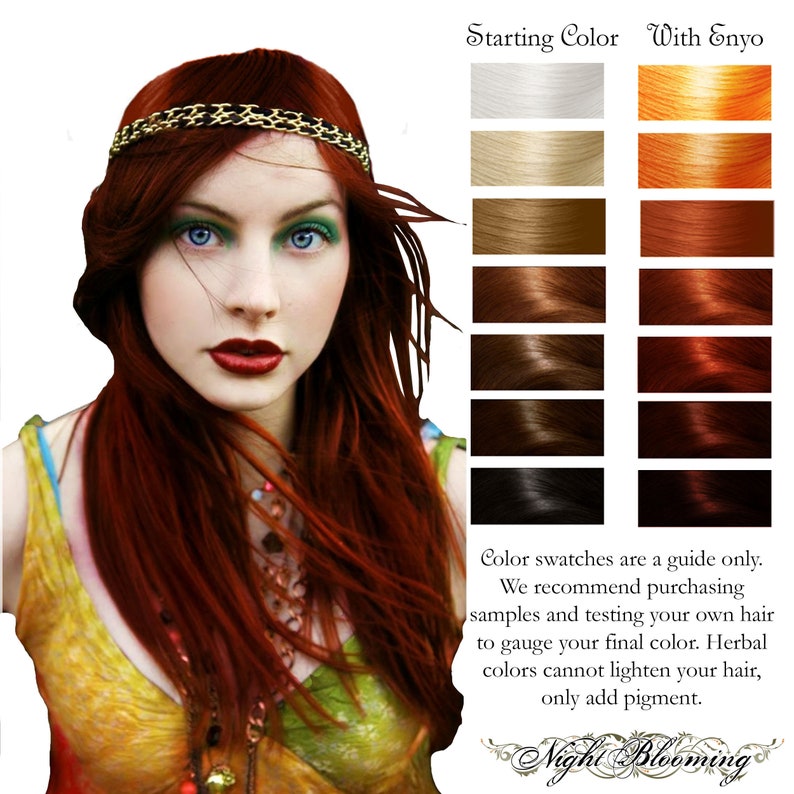 May include: A woman with long, red hair wearing a headband. A color chart shows how different hair colors will look after using a hair dye product. The text on the chart reads "Starting Color" and "With Enyo". The text below the chart reads "Color swatches are a guide only. We recommend purchasing samples and testing your own hair to gauge your final color. Herbal colors cannot lighten your hair, only add pigment. Night Blooming."