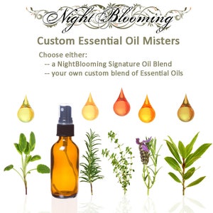 May include: Custom essential oil misters with a choice of Night Blooming Signature Oil Blends or a custom blend of essential oils. The image shows a brown glass bottle with a black spray nozzle, five small yellow, orange, and red oil drops, and seven different herbs.