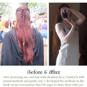 May include: Before and after photos of a person's hair. The before photo shows the person with red hair in a braided hairstyle. The after photo shows the person with long, healthy, red hair.