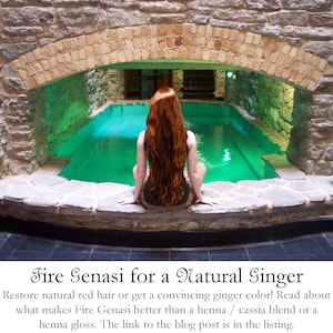 May include: A woman with long, red hair sits on the edge of a pool. The text reads "Fire Genasi for a Natural Ginger. Restore natural red hair or get a convincing ginger color! Read about what makes Fire Genasi better than a henna / cassia blend or a henna gloss. The link to the blog post is in the listing."