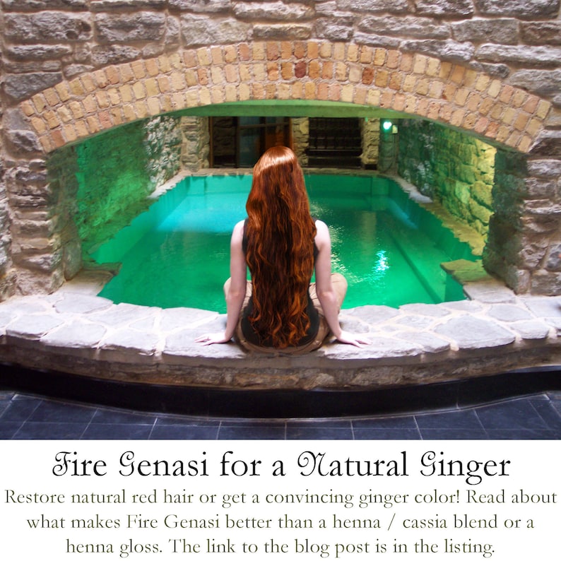 May include: A woman with long, red hair sits on the edge of a pool. The text reads "Fire Genasi for a Natural Ginger. Restore natural red hair or get a convincing ginger color! Read about what makes Fire Genasi better than a henna / cassia blend or a henna gloss. The link to the blog post is in the listing."