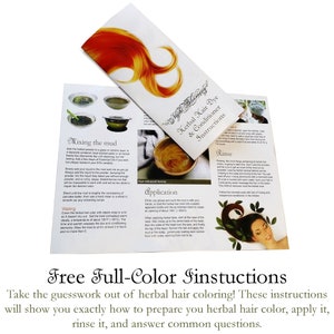 May include: A set of instructions for using herbal hair dye and conditioner. The instructions include mixing the mud, applying the dye, and rinsing the hair. The instructions are illustrated with photos of the process.