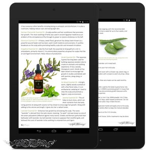 May include: A close-up of a book page featuring a picture of a bottle of essential oil. The text on the page describes the benefits of using essential oils for hair growth and scalp health. The text includes the names of different essential oils, such as Hinoki, Ho Wood, and Lavender.