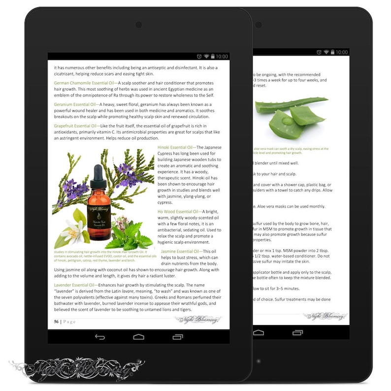 May include: A close-up of a book page featuring a picture of a bottle of essential oil. The text on the page describes the benefits of using essential oils for hair growth and scalp health. The text includes the names of different essential oils, such as Hinoki, Ho Wood, and Lavender.
