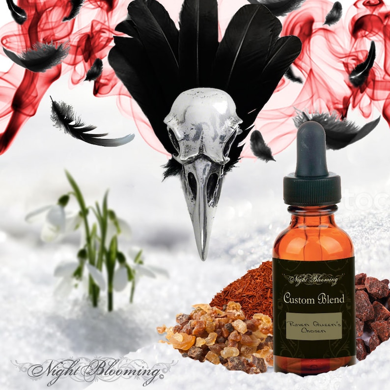 May include: A glass bottle with a brown label that reads "Night Blooming Custom Blend Raven Queen's Chosen". The bottle is sitting on a white surface with a silver crow skull, red and black feathers, and brown and white stones.