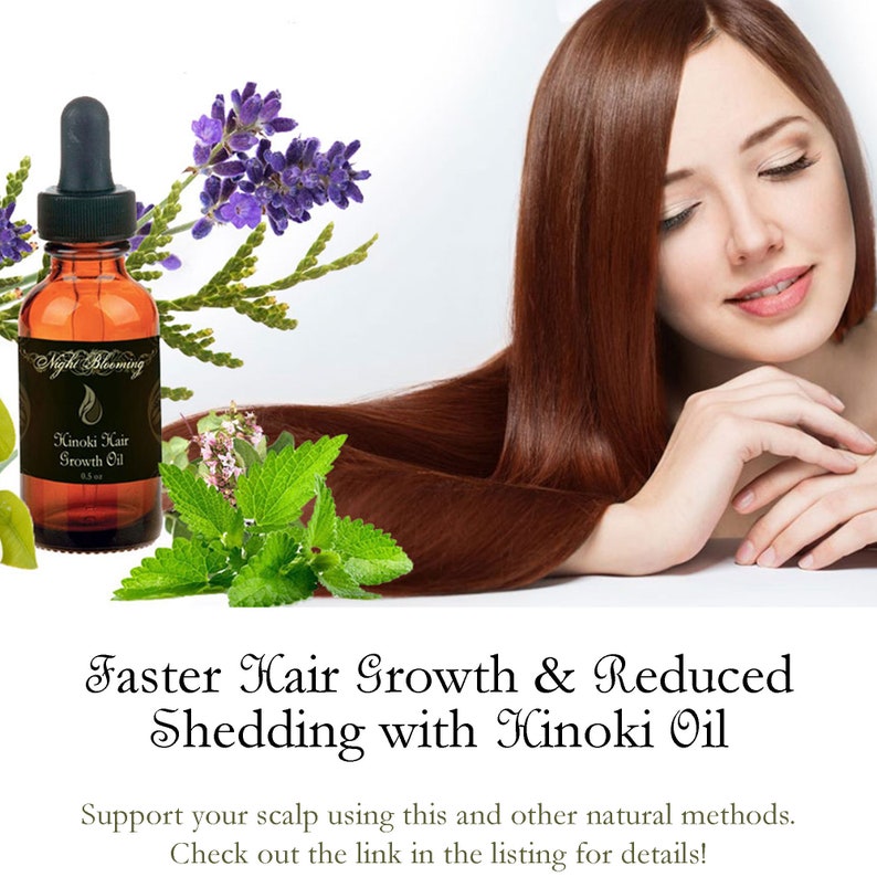 Puede incluir: Una botella de vidrio marr&oacute;n con un gotero etiquetado como "Night Blooming Kinoki Hair Growth Oil" con una flor de lavanda y hojas verdes en el fondo. El texto "Faster Hair Growth & Reduced Shedding with Kinoki Oil" est&aacute; debajo de la imagen. El texto "Support your scalp using this and other natural methods. Check out the link in the listing for details!" est&aacute; debajo del texto.