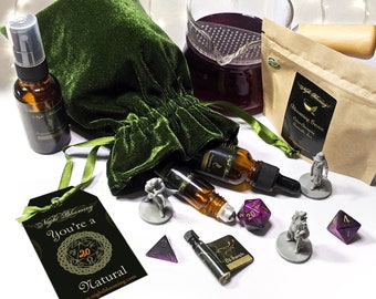 Merry Critmas / Happy Birthday Gift Bag / Dice Bag with Critical Role Inspired Oils, Misters and Tea
