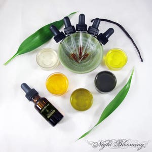 May include: A collection of essential oils in small glass bottles with droppers, displayed on a white surface with green leaves and small bowls containing different colored liquids. The oils are labeled "Night Blooming".