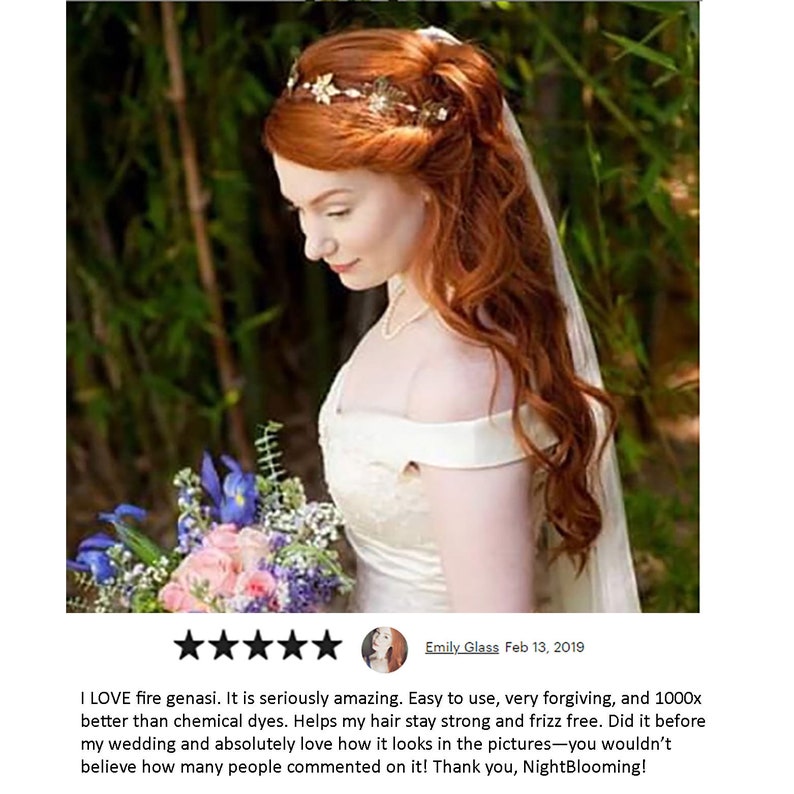 May include: A woman with long, red hair wears a white wedding dress and a gold floral crown. She holds a bouquet of pink, white, and blue flowers. The image includes a five-star review and the text "I LOVE fire genasi. It is seriously amazing. Easy to use, very forgiving, and 1000x better than chemical dyes. Helps my hair stay strong and frizz free. Did it before my wedding and absolutely love how it looks in the pictures-you wouldn't believe how many people commented on it! Thank you, NightBlooming!"