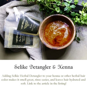 May include: Two clear plastic pouches with labels that read "Selkie Herbal Detangler (Refill)" and "Fire Genasi Copper Keratin Hair Color". A brown ceramic bowl filled with a reddish-brown henna paste.