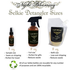 May include: Three bottles of Selkie Herbal Detangler in different sizes: 1 ounce, 8 ounces, and 8 ounces. The 1 ounce bottle is a sample size, the 8 ounce bottle is a full size, and the 8 ounce bottle is a refill size. All bottles are reusable and recyclable.