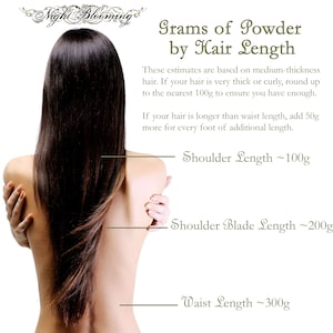 May include: A guide for determining the amount of powder needed for different hair lengths. The guide suggests 100 grams for shoulder length hair, 200 grams for shoulder blade length hair, and 300 grams for waist length hair. It also states that for hair longer than waist length, add 50 grams for every foot of additional length.