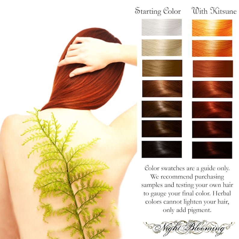 May include: A woman with long, red hair is shown with a plant growing on her back. A color chart shows how a hair dye will affect different hair colors. The text reads "Starting Color" and "With Kitsune". The text below the chart reads "Color swatches are a guide only. We recommend purchasing samples and testing your own hair to gauge your final color. Herbal colors cannot lighten your hair, only add pigment. Night Blooming."