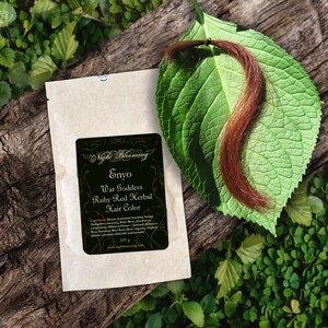 May include: A brown paper packet with a black label that reads "Night Blooming Envo War Goddess Ruby Red Herbal Hair Color" with a list of ingredients. The packet is sitting on a wooden surface with a green leaf and a strand of red hair on top of it.