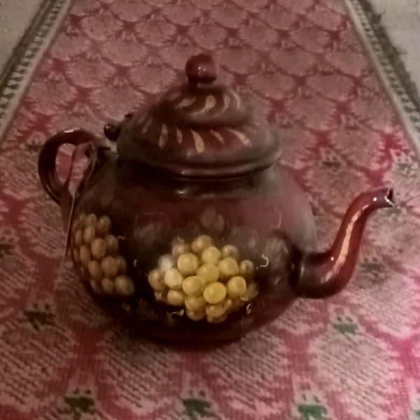 Rare Genuine 1930s Signed Peter Ompir Deep Red w Golden Grapes Handpainted Teapot