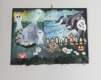 Originele mixed media collage spookschilderij, griezelige geesten en pompoenen, originele grillige naïeve Halloween goth kunst, Heb je iets gehoord