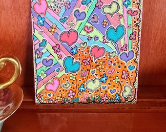 Ooh la la original colorful abstract naive art drawing illustration, hearts and flowers, lines and dots, hand drawn ooak art of Ginny G.