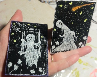 Original ACEO ATC pair, custom little ghost art, ghost on a swing, ghost looking at the stars, hand drawn black and white art, Halloween art