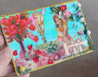 Original romantic vintage style mixed media small collage on book cover, beautiful flowers, vintage romance, collectible ooak collage art