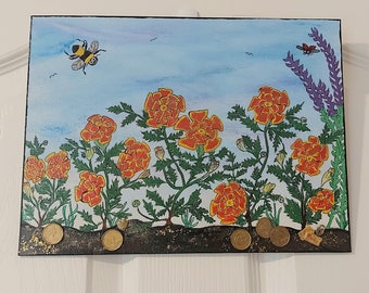 Whimsical mixed media acrylic painting, bumblebee hiding treasure in the marigold flowers, original ooak folk art whimsy, self taught artist