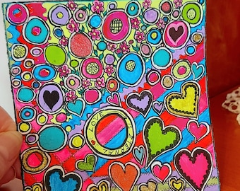 Original mixed media marker and acrylic art, Love is Eternal, bright and colorful, intuitive art, uplifting art, hearts and circles, neon