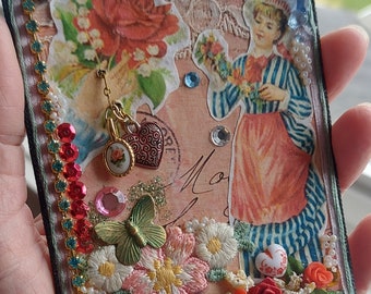 Original romantic mixed media collage on antique easel back, flowers and rhinestones, red blue pink, custom small collage, 3D elements, ooak