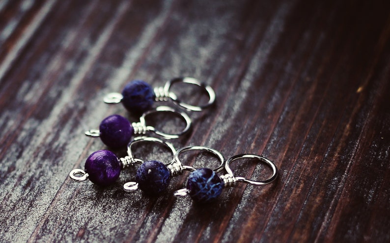 SALE!! Gift Gifts for Knitters Genuine Purple Sugilite Sterling SilverCopperBrass KnitKnitting Stitch Markers Set of 5