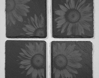 Lasergravierte Sonnenblumen-Schieferuntersetzer