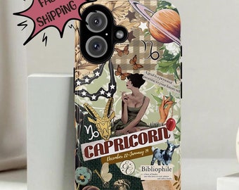 Capricorn Retro Zodiac Collage Tough Phone Case, iPhone 8 X 11 12 13 14 15 16 Pro Max Mini, Pixel 5 6 7 8 9, Galaxy S20 S21 S22 S23 S24 S25