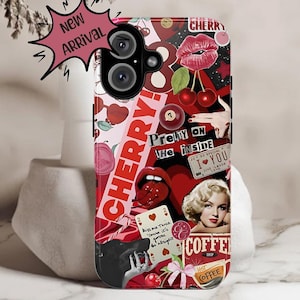 Cherry Theme Retro Collage Tough Phone Case, iPhone 8 X 11 12 13 14 15 16 Pro Max Mini, G Pixel 5 6 7 8 9, S Galaxy S10 S20 S21 S22 S23 S24