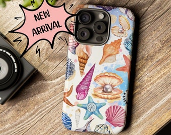 Colorful Sea Shells and Starfish Tough Phone Case, Iphone 8 X 11 12 13 14 15 Pro Max Mini, G Pixel 5 6 7 8, S Galaxy S10 S20 S21 S22 S23 S24