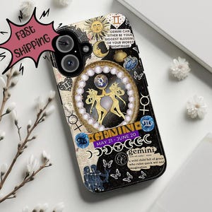 May include: A black phone case with a colorful design featuring the Gemini zodiac sign, a pearl-like embellishment, and the text "Gemini May 21 - June 20".