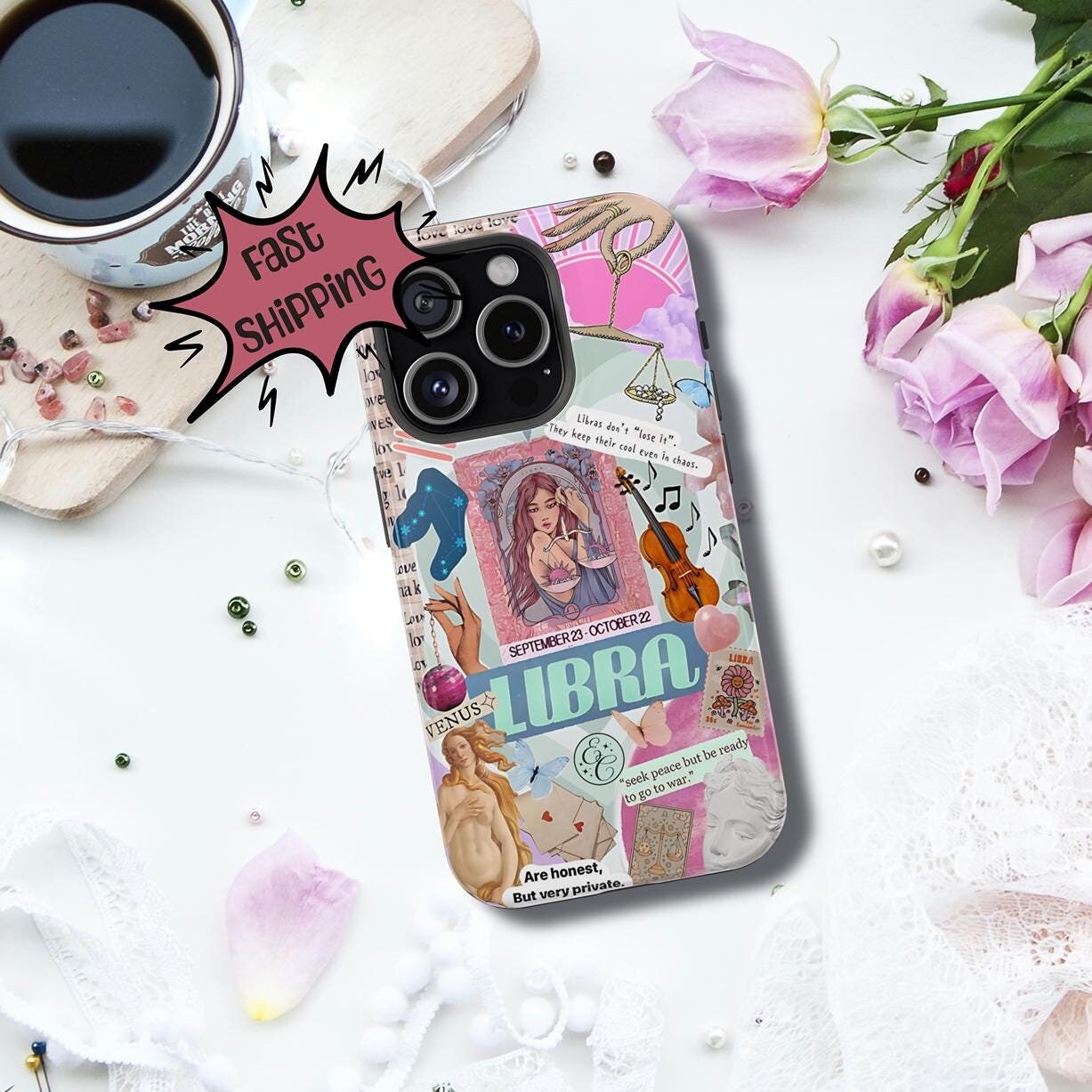 Libra Vintage Zodiac Collage Tough Phone Case, iPhone 8 X 11 12 13 14 15 16 Pro Max Mini, Pixel 5 6 7 8 9 XL, Galaxy S20 S21 S22 S23 S24 S25